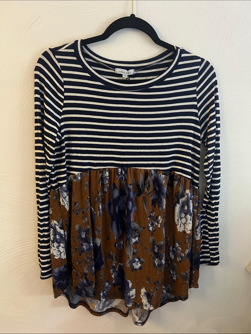 white birch Navy and Brown Striped Top with Floral Panel